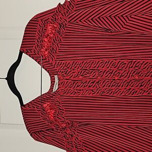 Roomans Plus Size 1X Semi-Sheer Red/Black Striped Ruffled Button Up Collar VGUC